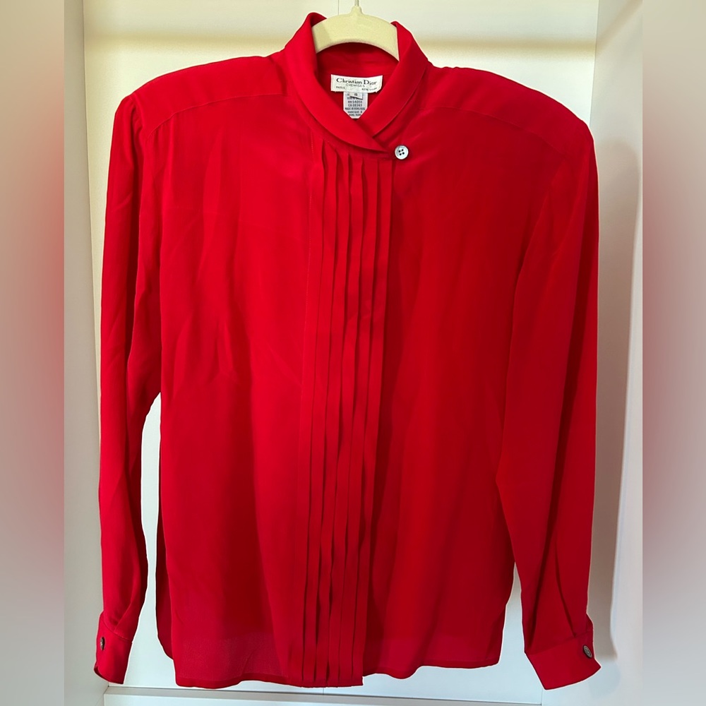 Silk Christian Dior Vintage Vibrant Red Blouse with shoulder pads
